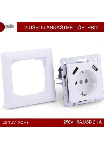 Axis Sıva Altı Topraklı Priz 16A + 2 Usb 23A