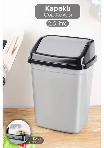 Kapaklı Plastik Çöp Kovası - Ev Ofis Banyo Mutfak Tezgah Üstü Çöp Kovası Gri 2,5 Litre Gri