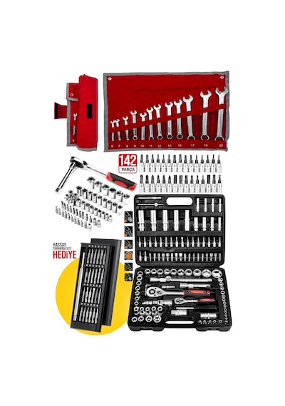 Premium 142 Parça 1/2 1/4 Cırcırlı Lokma Anahtar Takımı, 12 Parça Kombine Set 6-22