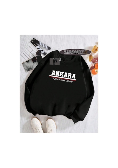 Tarzsokak Biskilet Yaka Sweatshirt Siyah Ankara Capital City Özel Tasarım Plaka Detaylı