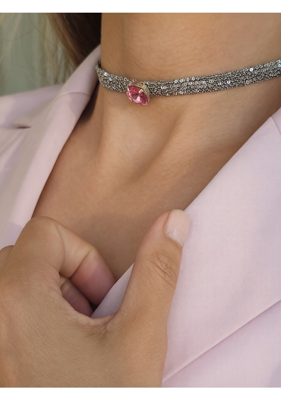 Kordon Zincir Örme Kristal Taşlı El Yapımı Choker Tasma Pembe Silver Renk Kolye