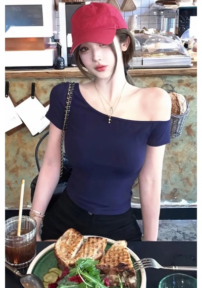 Lacivert Kadın Düşük Omuz Kayık Yaka Dar/slim Likralı T-shirt Lacivert