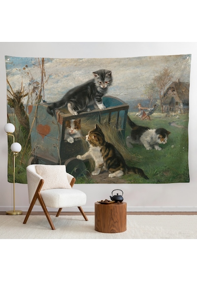 Julius Adam - Çayırda Arabada Oynayan Kedi Yavruları Duvar Örtüsü-7084