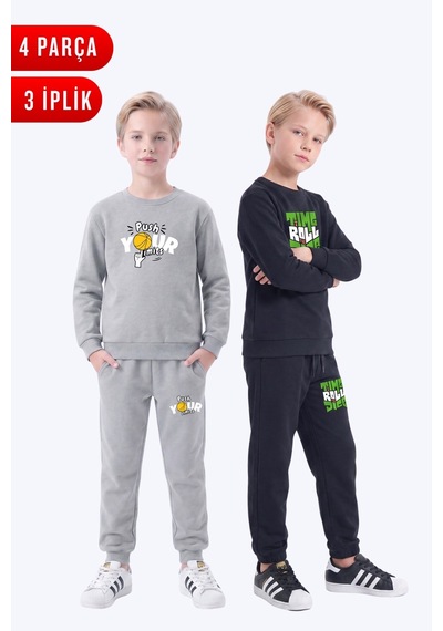 Panios Kids 3 İplik Baskılı Erkek Çocuk Çift Cepli Bisiklet Yaka 2'li Eşofman Takımı 4 Parça Gri-siyah