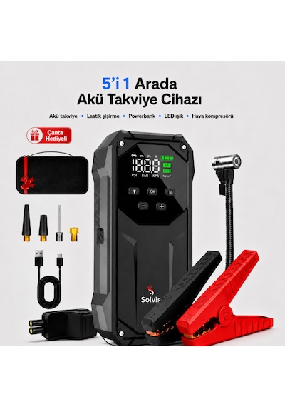 Solvis 5'i 1 Arada 12v Akıllı Akü Takviye Cihazı, Lastik Şişirme Pompası, Powerbank Ve Led Aydınlatma Çanta Hediyeli