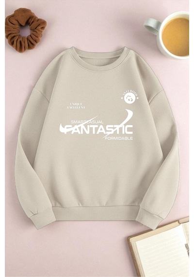Uyguntarz Unisex Fantastic Baskılı Oversize Sweatshirt Bej