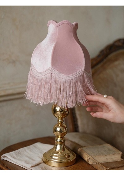 Pudra Kadife Kaplı Başlık Gold Metal Ayaklı Prenses Model Klasik Abajur 60x30cm