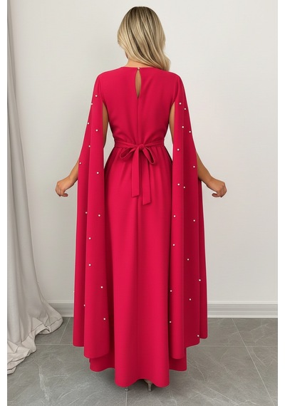 Defymoda Kadın İnci İşlemeli Şık Gece Davet Elbise Pembe