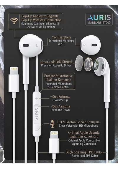 Ars-bt007 Lightning Konektörlü Bluetooth Pop-up Kulak İçi Kulaklık - Lisinya Standart