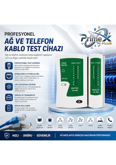 Primex Px-8070 Rj45 Rj11 Kablo Test Cihazı, Cat5 Cat6 Cat7 Cat8 Lan Ethernet Kablo Tester, Adsl Telefon Ve İnternet Kablosu Kontrol Cihazı, Led Göstergeli Network Kablo Test Aleti, 9v Pil İle Çalışır
