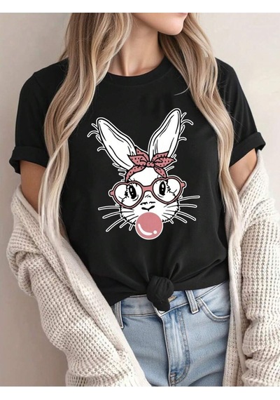 Flood Of Style Kadın Siyah Gözlüklü Tavşan Baskılı Oversize