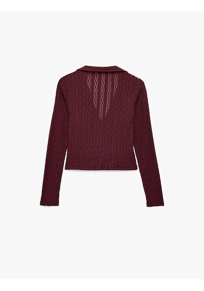 Koton Slim Fit Uzun Kollu Düğmeli Polo Yaka Ajurlu Tişört Bordo 7wal10022ık