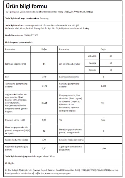 Samsung DW80H73YBFFTR 8+4 Programlı 14 Kişilik Siyah Bulaşık Makinesi