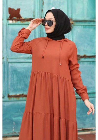 Neways 6531-Krep Kapüşonlu Reglan Kollu Elbise Taba