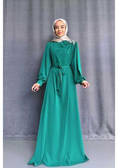 Kahijab Omzu Taşlı Abiye - Yeşil