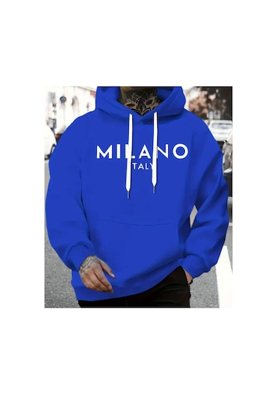 Herkesemoda Milano Yazı Detaylı İçi Polarlı Kapüşonlu Sweatshirt Mavi