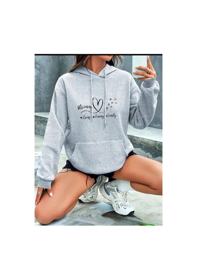 Medinenur Mommy Kalp Baskılı Kapüşonlu Cepli Sweatshirt Gri