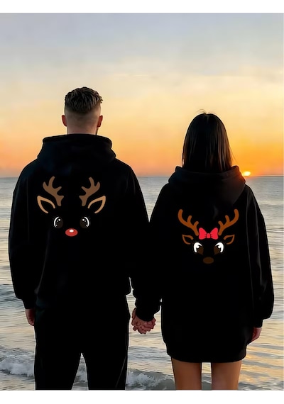 Nevermind Sevgili Çift Kombin Hoodie Geyik Baskılı Oversize Kapüşonlu Sweat Siyah