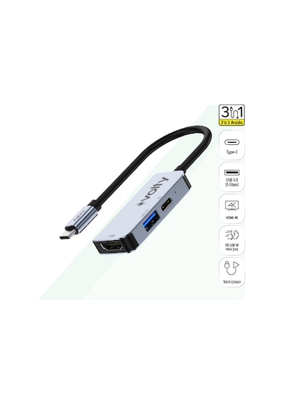 Type-c Çoğaltıcı Hub 3 İn 1 4k Hdmı, 100w Pd Hızlı Şarj, Usb 3.0, Alüminyum Gövde V0301003