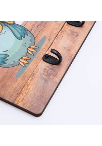 Deepcraft Çocuk Odası Duvar Askılığı 4 Askılı Montessori Doğal Ahşap Uv Baskılı Baykuşlar Kahve