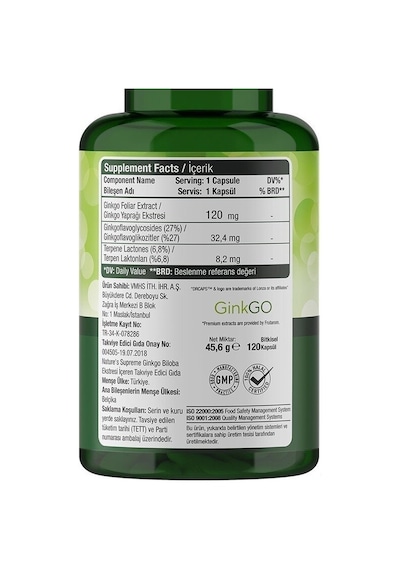 Natures Supreme Ginkgo Biloba 120 Mg 120 Kapsül Aromasiz