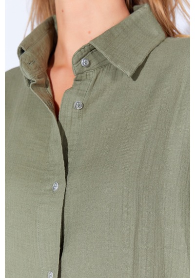 Manche Haki Kolları Salaş Yıkamalı Müslin Oversize Rahat Kalıp Kadın Basic Gömlek Mks166881-01 Manche Haki Kolları Salaş Yıkamalı Müslin Oversize Rahat Kalıp Kadın Basic Gömlek Mks166881-01