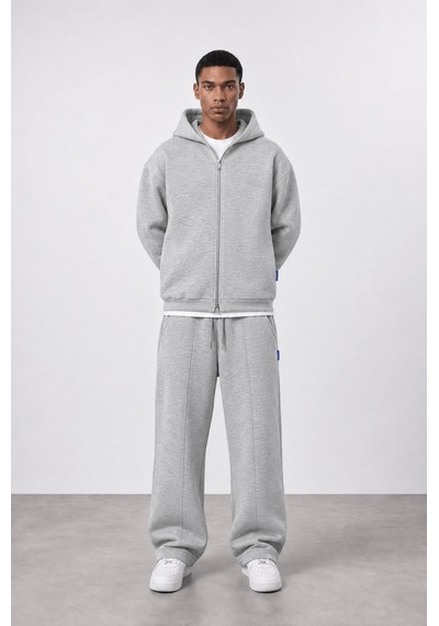 Respire Erkek Lastik Detaylı Panda Oversize Zip Gri Melanj