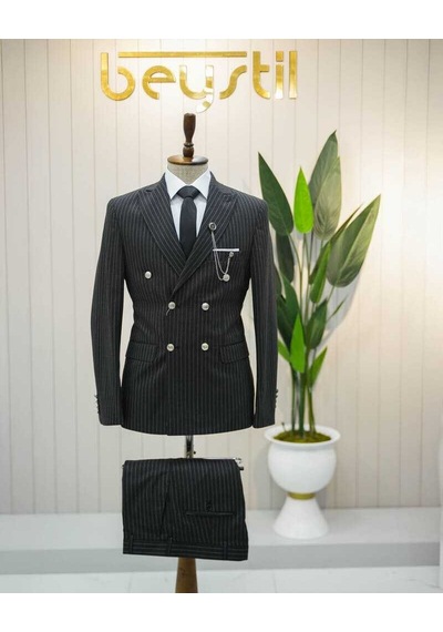 Beystil Sivri Yaka Siyah Çizgili Kruvaze Takım Elbise Bezayak036- Slim Fit Siyah
