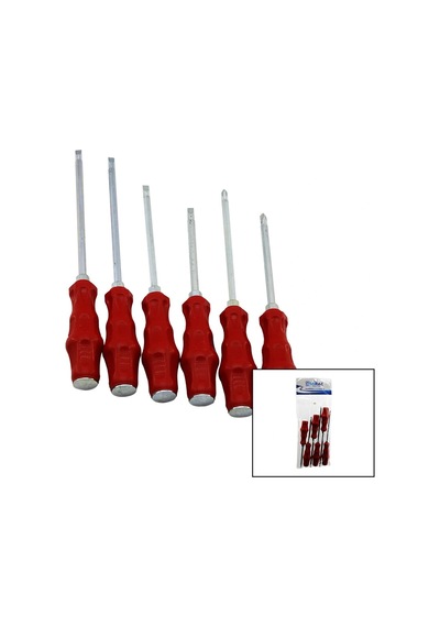 Pvc Ambalaj Kırmızı - Plastik Saplı Darbeli 6lı Set Çift Taraflı Tornavida Takımı 5047