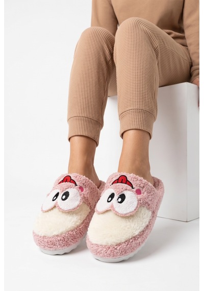 Kadın Peluş Ev Terliği Sevimli Yüz Desenli Şık Kışlık Kapalı Burun Sıcak Tutan Rahat Misafir Pandufu Pembe