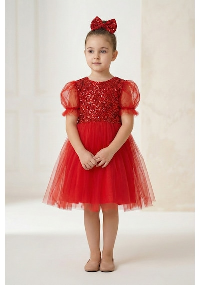 Mnk Baby & Kids Balon Kol Pul Payet Kız Çocuk Tütü Elbise M00751 Kırmızı