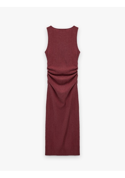 Koton Bürümcük Kumaş Drape Detaylı Bisiklet Yaka Uzun Kalem Elbise Bordo 6sak80205ek