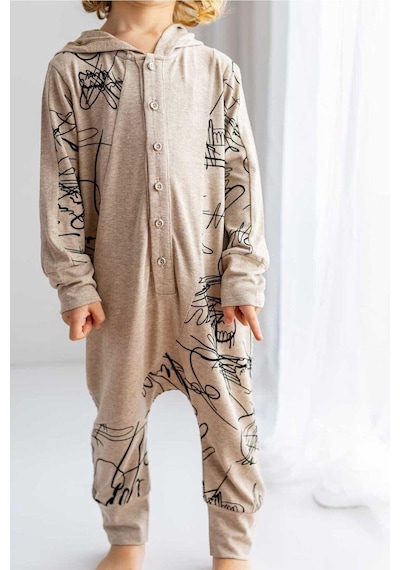 Oliven The Kid Oliventhekid Bej Ince Triko Geometrik Desenli Kapişonlu Önden Düğmeli Kışlık Unisex Çocuk Tulum Bej Bej