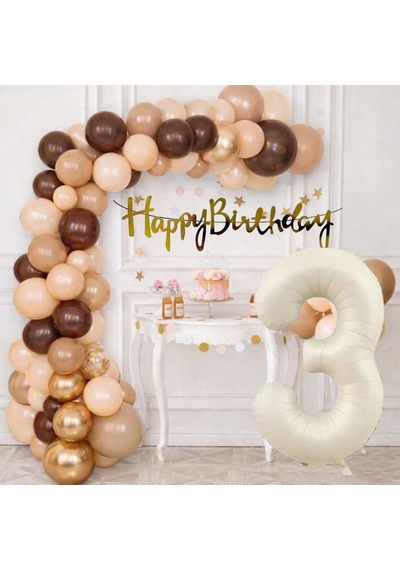 3 Yaş Pompa Hediyeli Doğum Günü Seti Banner Gold Kahverengi Kum Beji Ten Rengi Balonlar Krem Rakam Çok Renkli