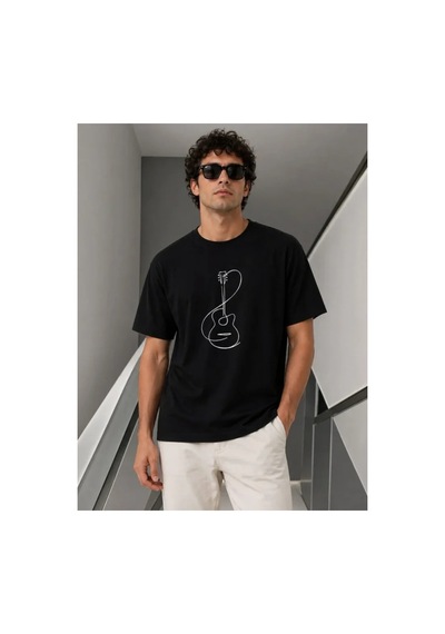 Butik İstanbul Erkek Minimal Gitar Baskılı Tişört T-shirt Yazlık Kısa Kol Bisiklet Yaka T-shirt - Siyah
