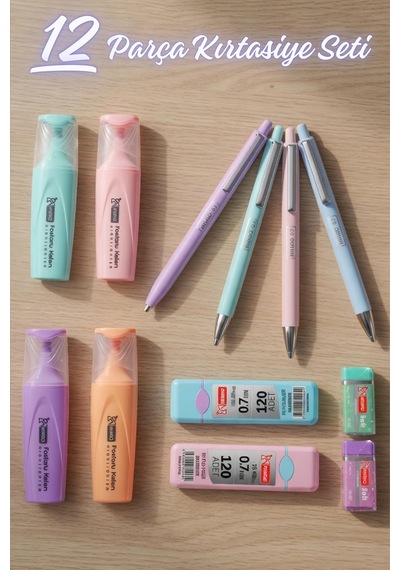 X Dekomus Pastel Touch Collection 12 Parça Kırtasiye Seti 4 Adet Fosforlu Kalem, Uçlu Kalem&2 Adet Tüp Uç, Silgi Altın