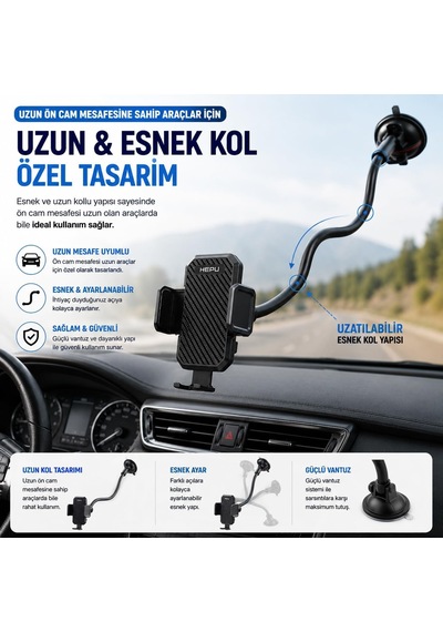 Hp-a06 Uzun Cam Mesafeli Araçlar İçin Esnek Kollu Vakumlu Telefon Tutucu 360 Dönebilen Başlık Diğer