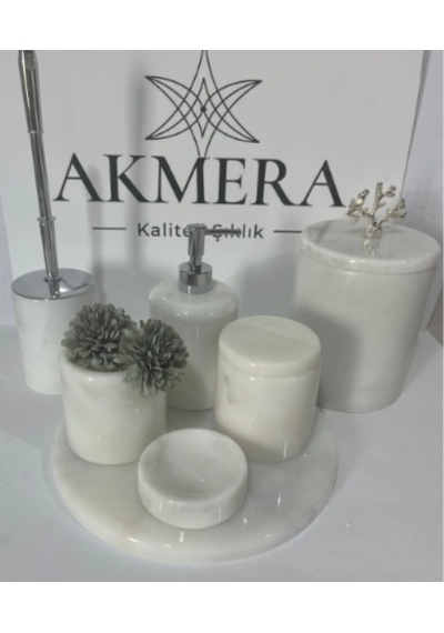 Akmera Elite 7 Parça %100 Gerçek Mermer Banyo Seti beyaz - Krom