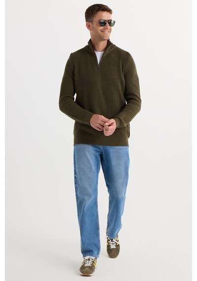 Tudors Erkek Slim Fit Dar Kesim Fermuarlı Haki Dik Yaka Triko Kazak-34923 Haki