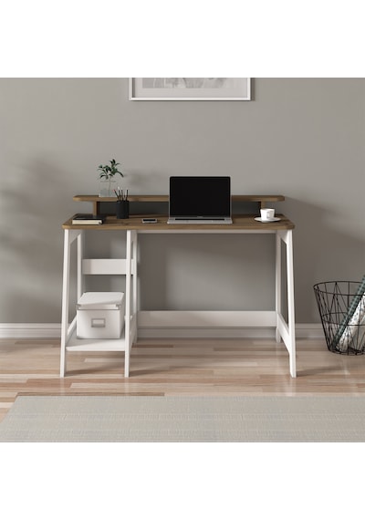 Country Ergonomik Çalışma Masası, Modern Bilgisayar Masası - Beyaz/Antik Ceviz