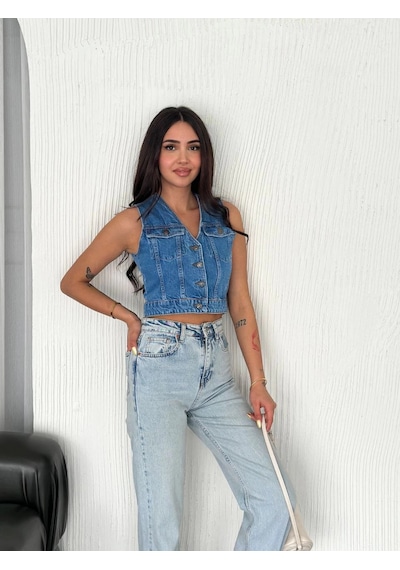 Ertaştrendstore Kot Jeans Kadın Yelek - Mavi Çok Renk