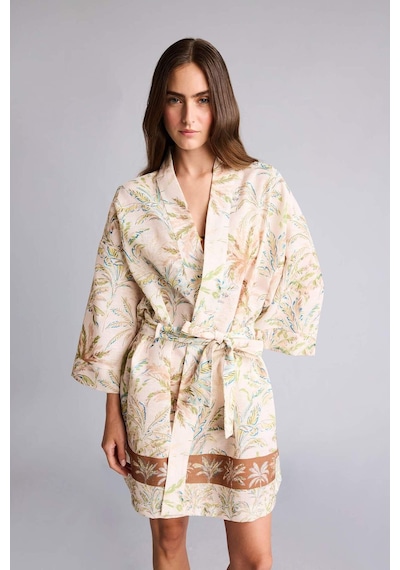 Defacto Regular Fıt Desenli Kuşaklı Kimono D0453ax26sper103 Ekru-er103