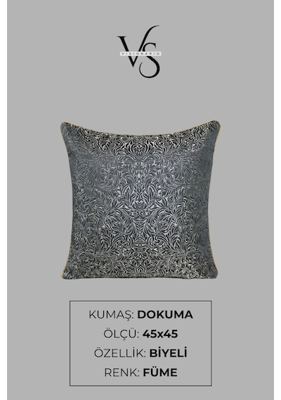 Kırlent Kılıfı Desenli Jakarlı Dokuma Kumaş 2'li 45x45 Ve 35x50 Çift Taraflı Biyeli Füme