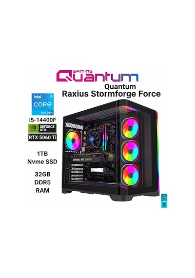 Quantum Raxius Stormforge Force i5-14400F 32 GB 1 TB SSD RTX5060ti W11P Gaming Masaüstü Bilgisayar
