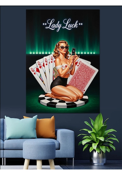 Poker Oynayan Hanımefendi Şansı Dekoratif Kanvas - Mdf Ahşap Tablo