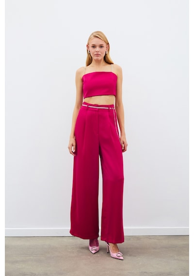 Sateen Taş Kemerli Saten Pantolon - Mercan-134979 Mercan