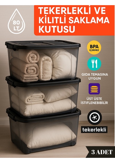 80 Litre Saklama Kutusu 3 Adet Saklama Kutusu Düzenleyici Siyah