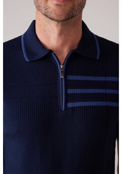 Erkek Lacivert Slim Fit Hafif Çizgili Fermuarlı Polo Yaka Tişört