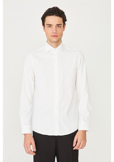 Bej İnce Çizgili Uzun Kollu Gömlek Slim Fit Beyaz-kahve