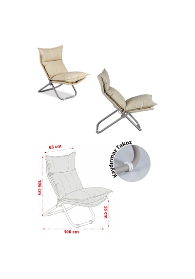 Lumis Garden Prestij Katlanabilir Deri Lounge Koltuğu Çıkarılabilir Kılıf, Modern Metal İskelet Bej